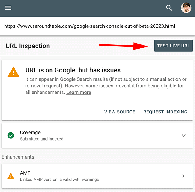 google search console url inspection tool test live button