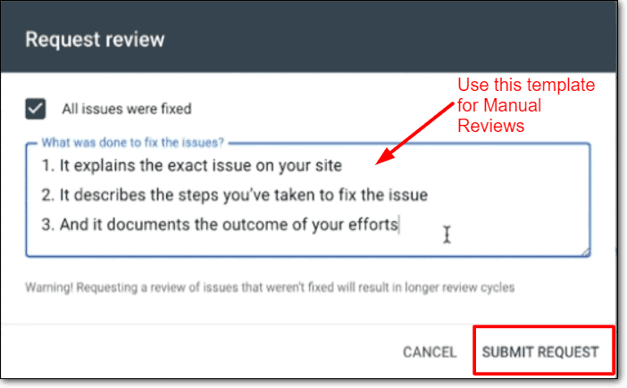 Submitting request review in google search console