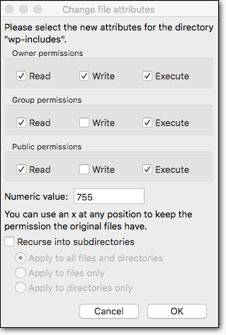 FTP file permissions dialog