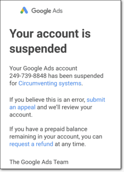 Google ads account suspended email