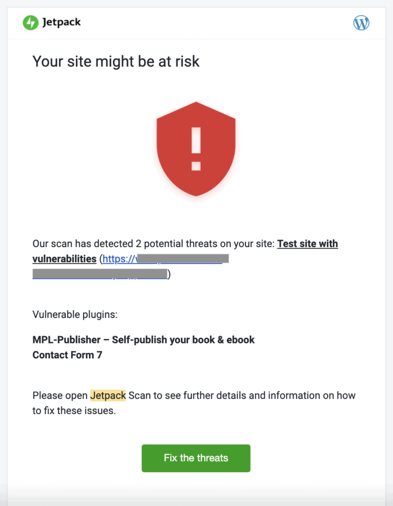 Jetpack vulnerability alert email