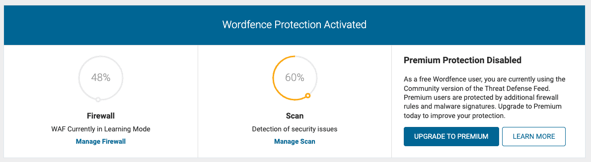 Wordfence security dashboard and status summary