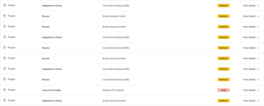 Solid Security vulnerability scan listing plugins with medium and high severity issues
