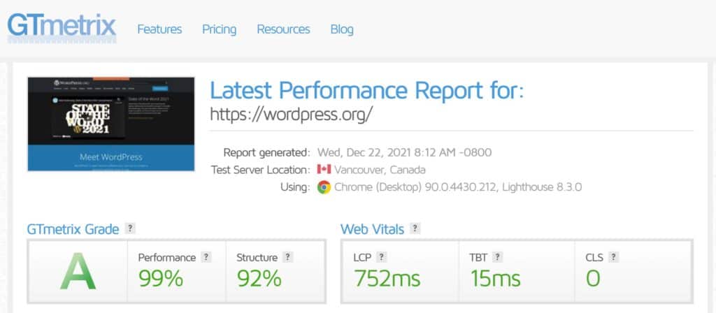 WordPress.org Performance Report in GTmetrix