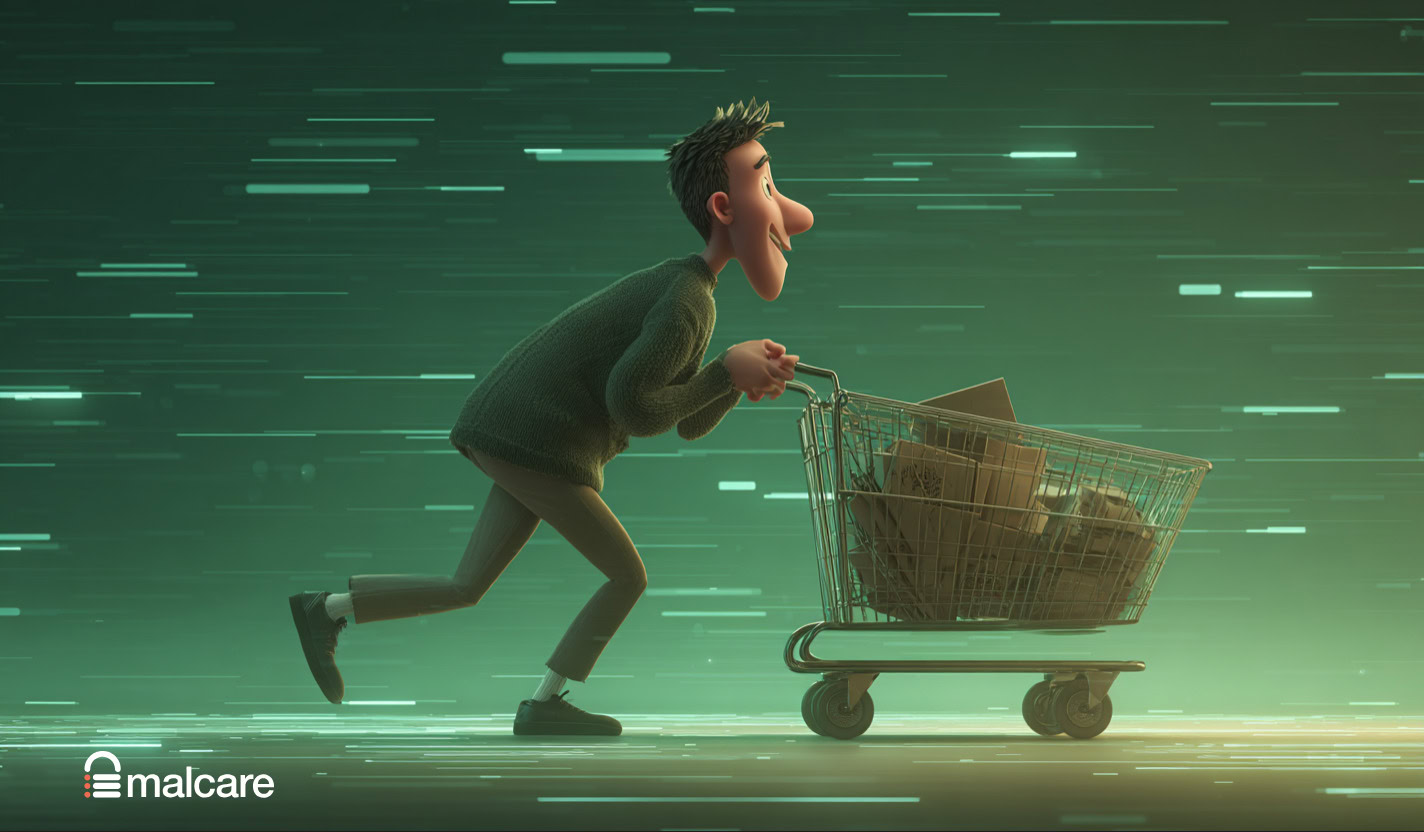 Illustration of a merchant pushing a shopping cart through a digital payment space