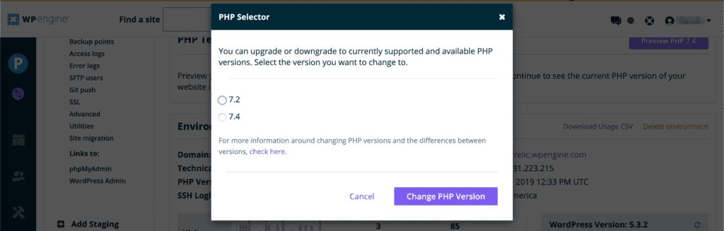 Change PHP Version in WP Engine