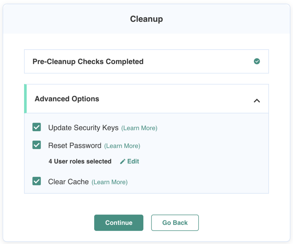 MalCare cleanup screen with advanced options for security keys, passwords, and cache