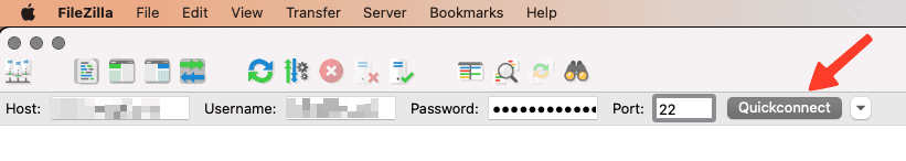 FileZilla connection dialog for a live server