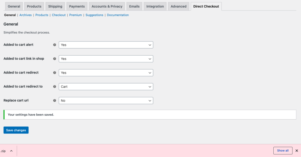 WooCommerce direct checkout plugin settings