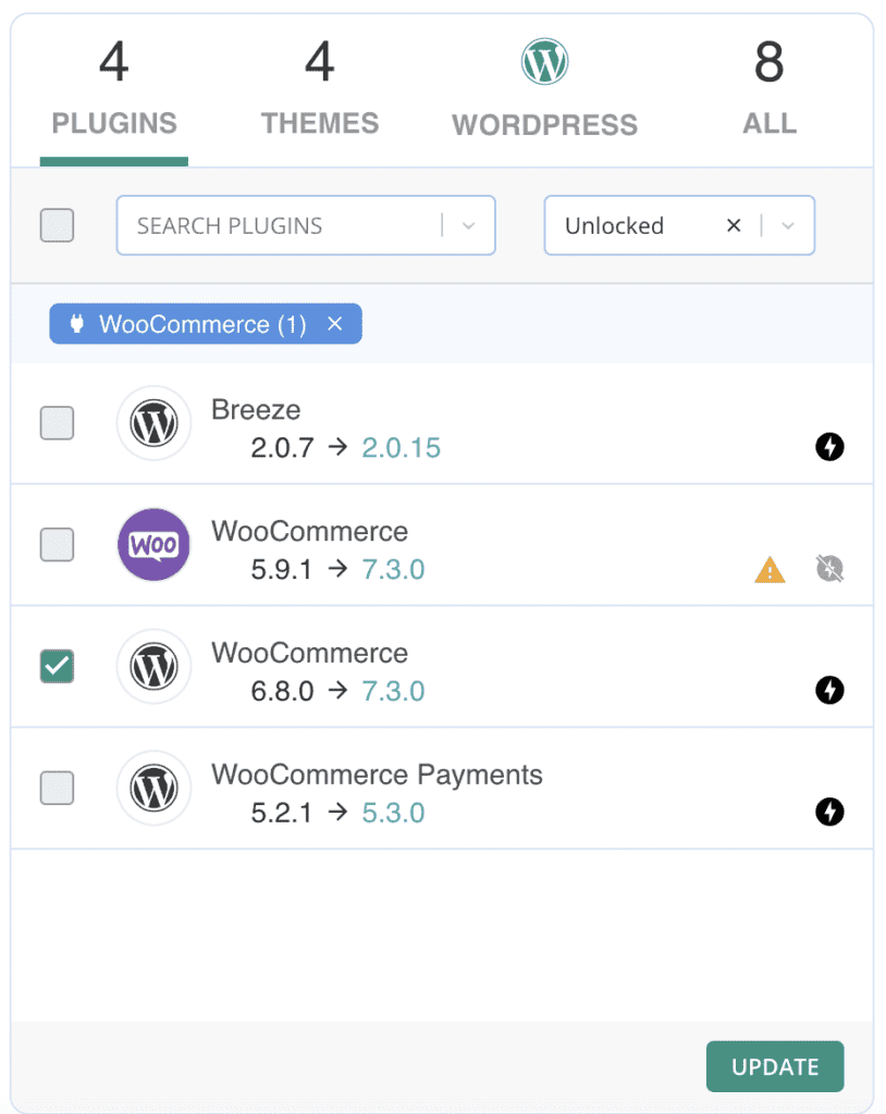 BlogVault interface showing an update control