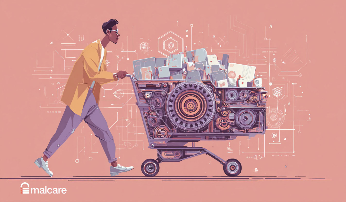 Illustration of an Amazon affiliate marketer pushing a cart of products