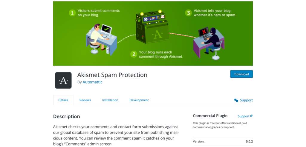 Akismet spam protection plugin