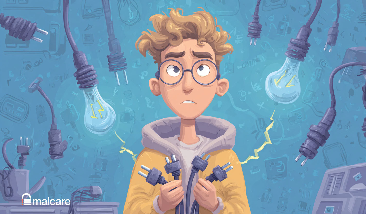 Illustration of a blogger surrounded by connected tools and glowing lightbulbs