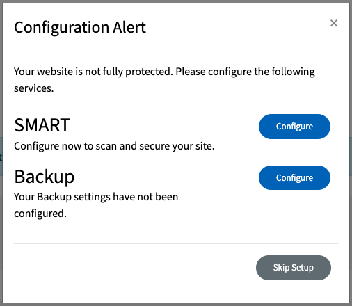 SiteLock warning dialog shown after a configuration problem