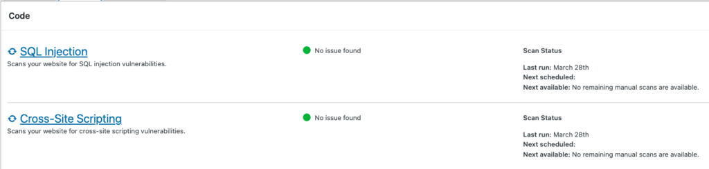 SiteLock dashboard section for vulnerability detection results