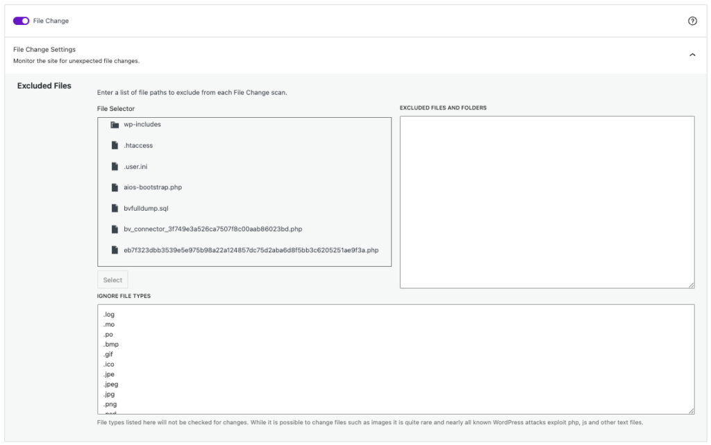 Solid Security file change settings with files and extensions included in scans