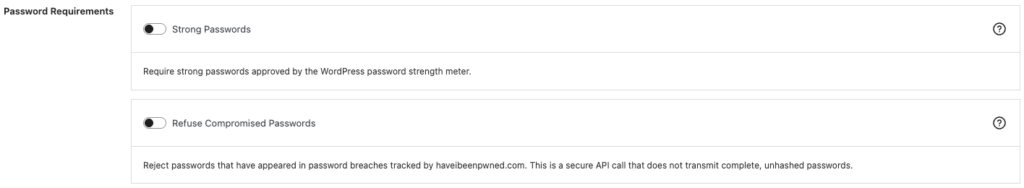 Solid Security password requirements for strong passwords and breached password refusal