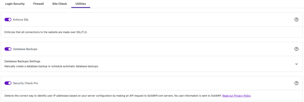 Solid Security utilities settings for enforcing SSL and checking file permissions