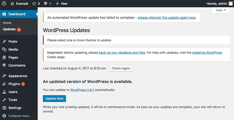 an automated wordpress update has failed to complete - please attempt the update again now. error message