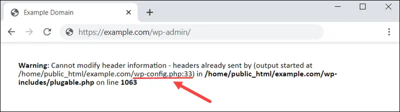 WordPress cannot modify header information warning with the source file and line