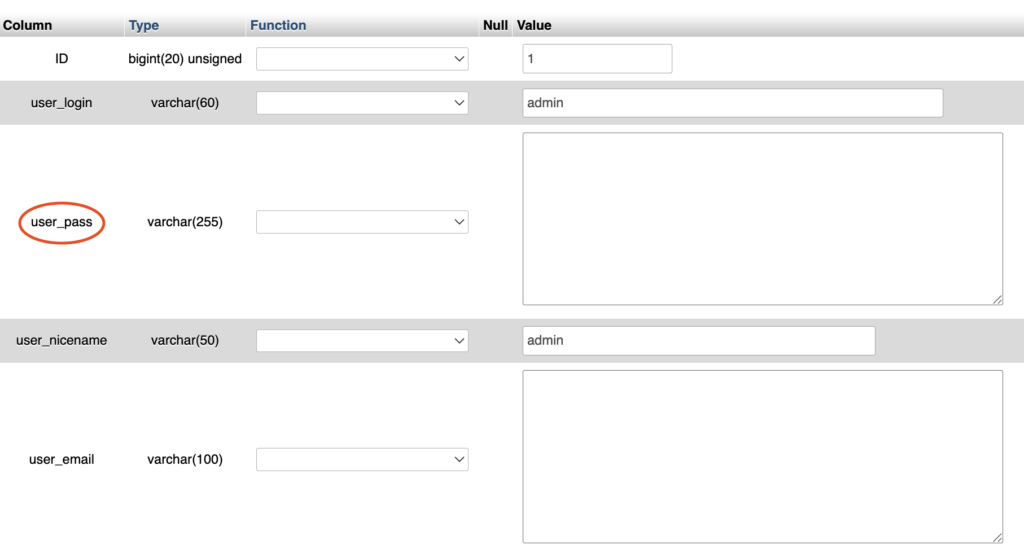 user_pass phpmyadmin