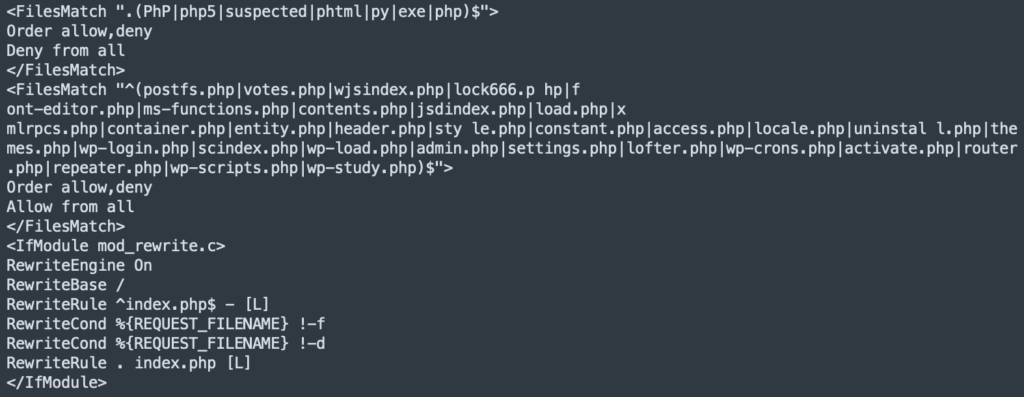 An .htaccess ruleset allowing access to suspicious PHP files while denying other PHP files.