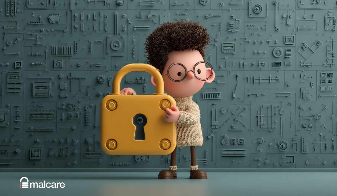Illustration of a person holding a large padlock in front of a digital security wall
