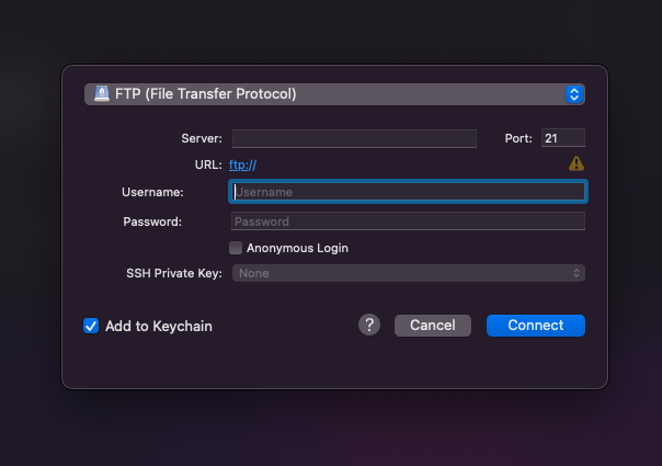 Connecting to site server using FTP