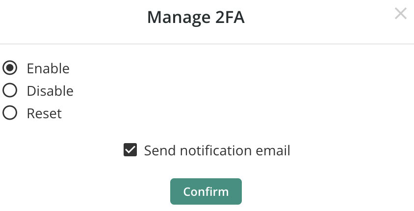 Manage 2FA dialog with Enable selected and notification email turned on