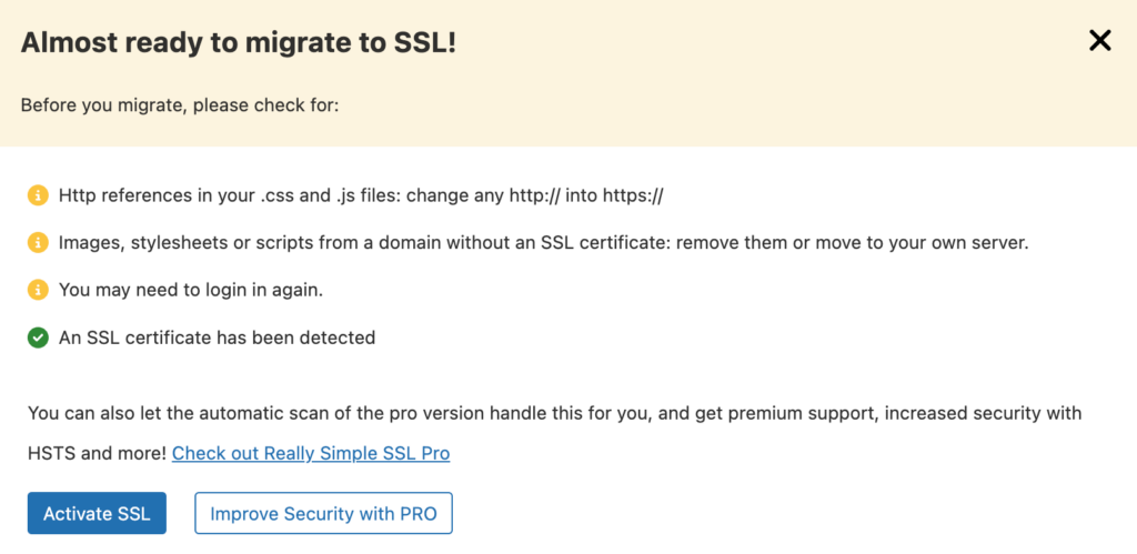 Really Simple SSL pre-activation pop-up