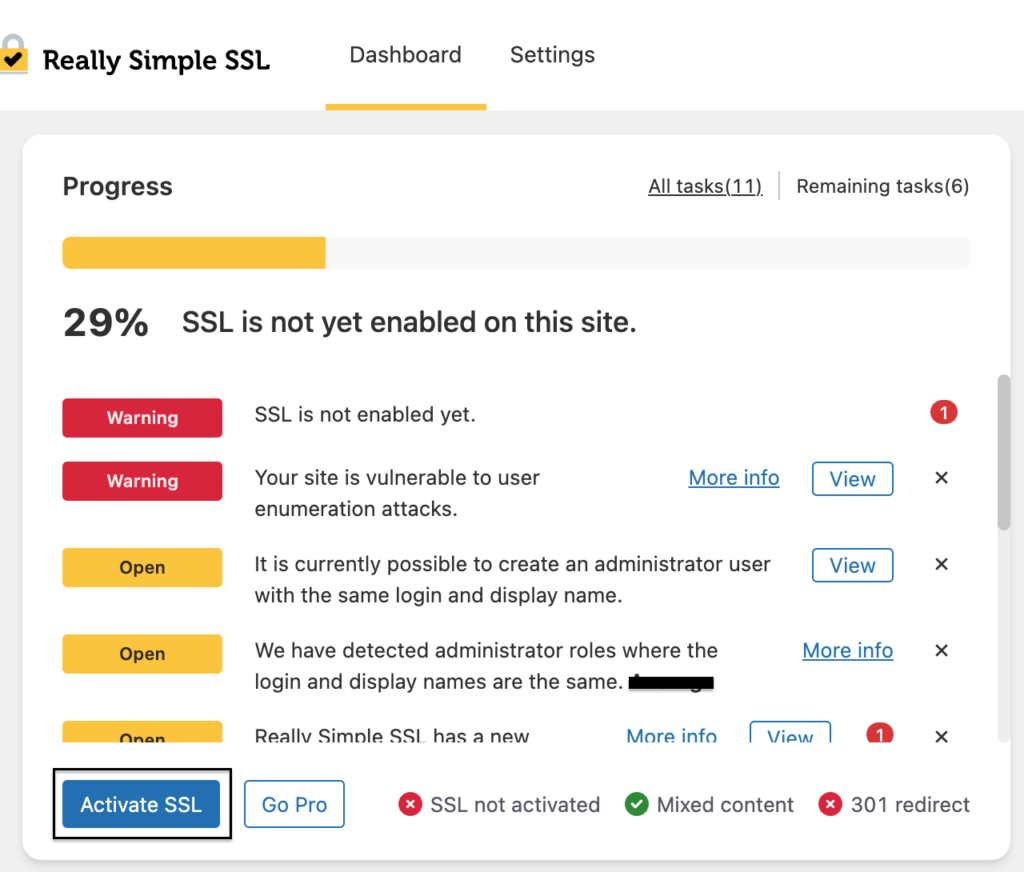 ReallySimpleSSL dashboard pre-SSL