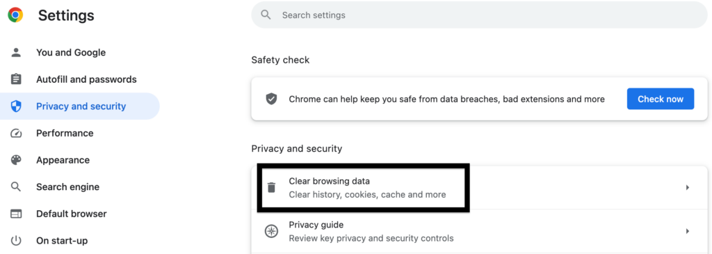 Google Chrome Privacy and security tab