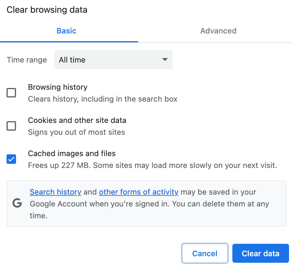 Google Chrome Clear browsing data