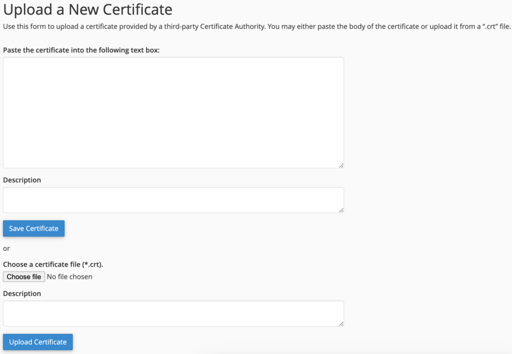 cPanel upload SSL certificate