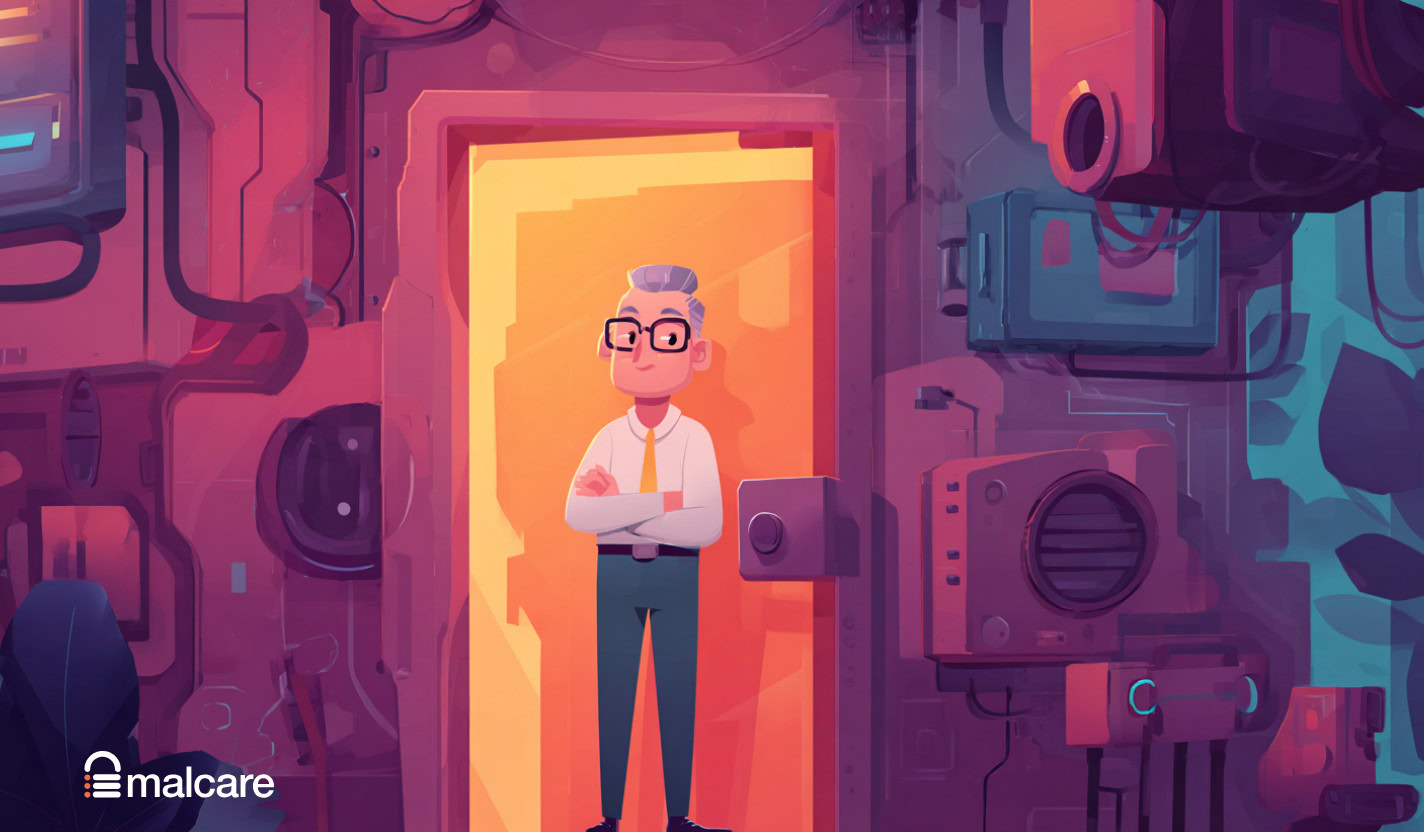 Illustration of a WordPress user standing inside a locked doorway