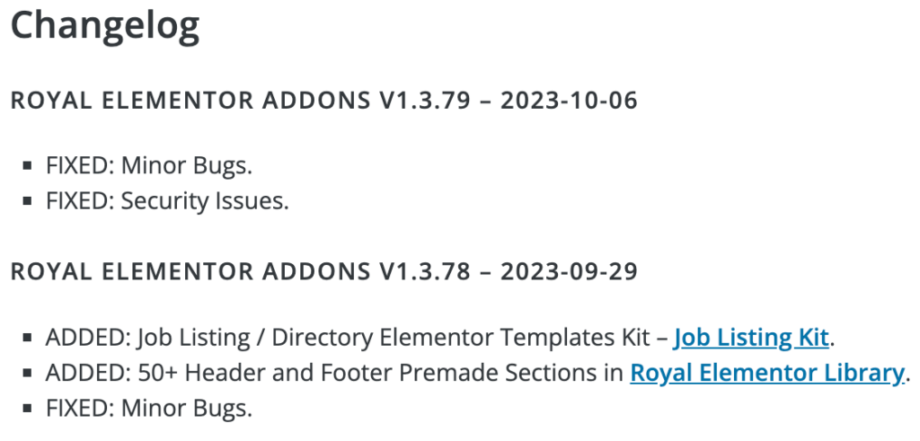 Royal Elementor Addons changelog showing the version 1.3.79 security fix