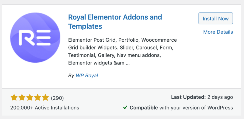 Royal Elementor Addons plugin card reporting more than 200,000 active installations