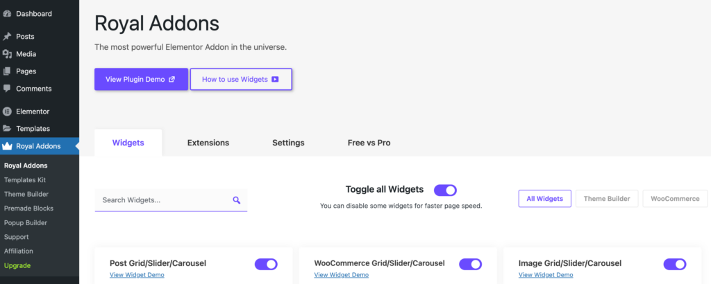 Royal Elementor Addons dashboard with widget toggles