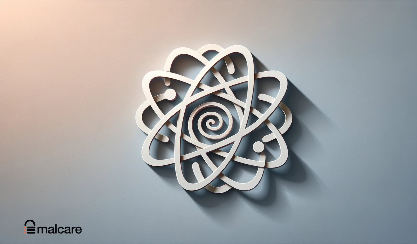 Metallic atomic security emblem representing layered WordPress protection