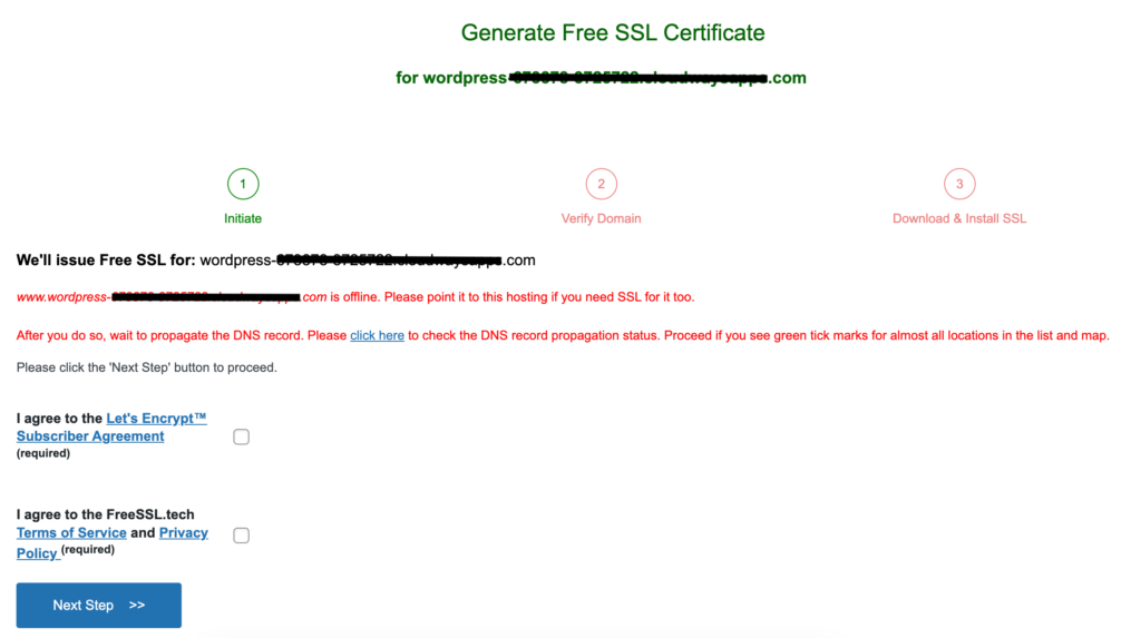 Free SSL Certificate Plugin Dashboard
