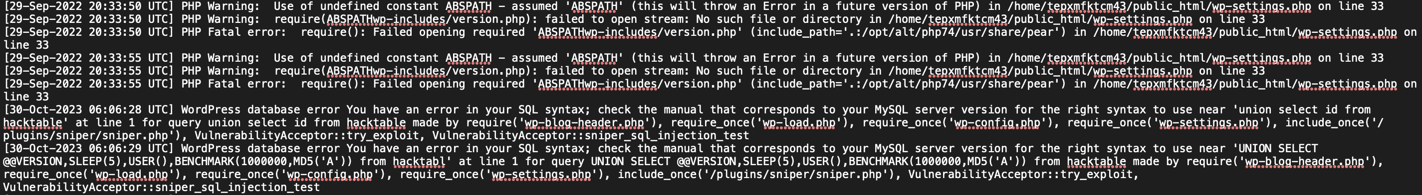 WordPress debug log