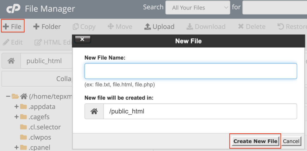 cPanel File Manager create new file