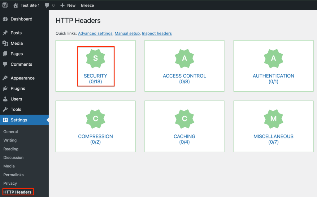 HTTP Headers dashboard with Security option highlighted