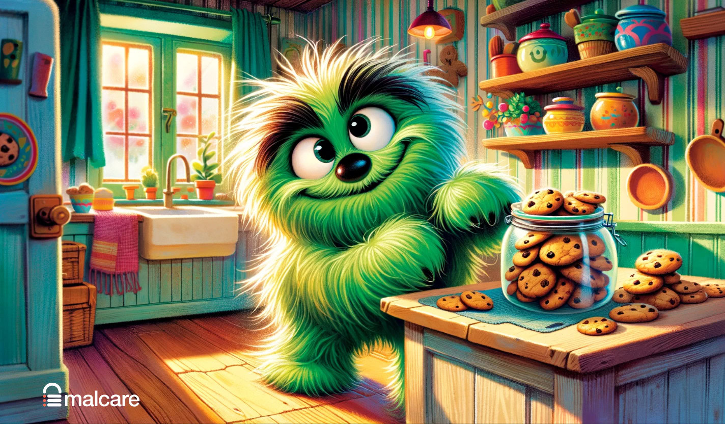 Illustration of a green cookie thief beside a jar of cookies