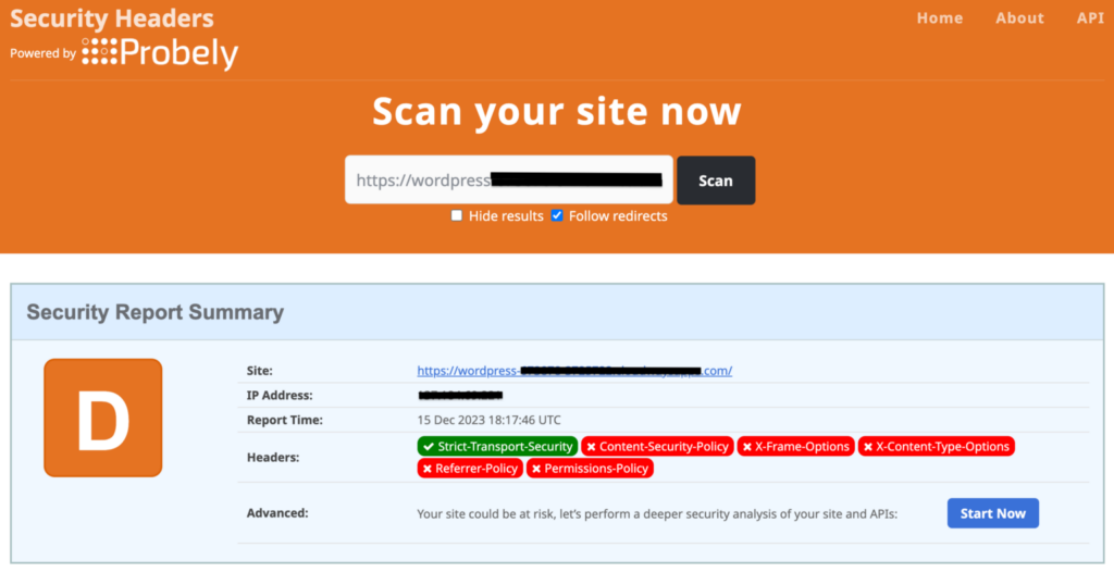 SecurityHeaders.com scan report showing a D grade and missing security headers