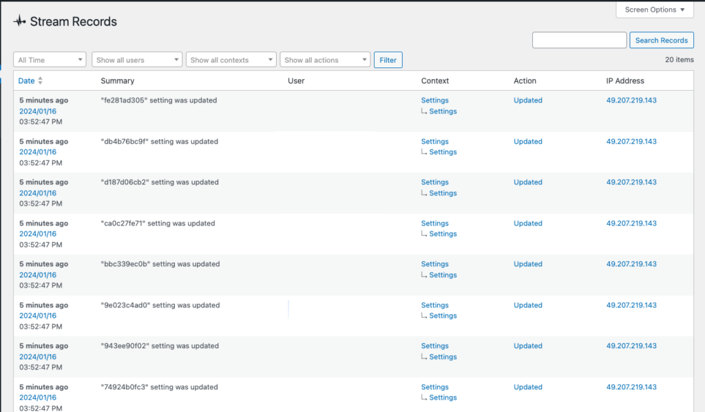 Stream Activity log
