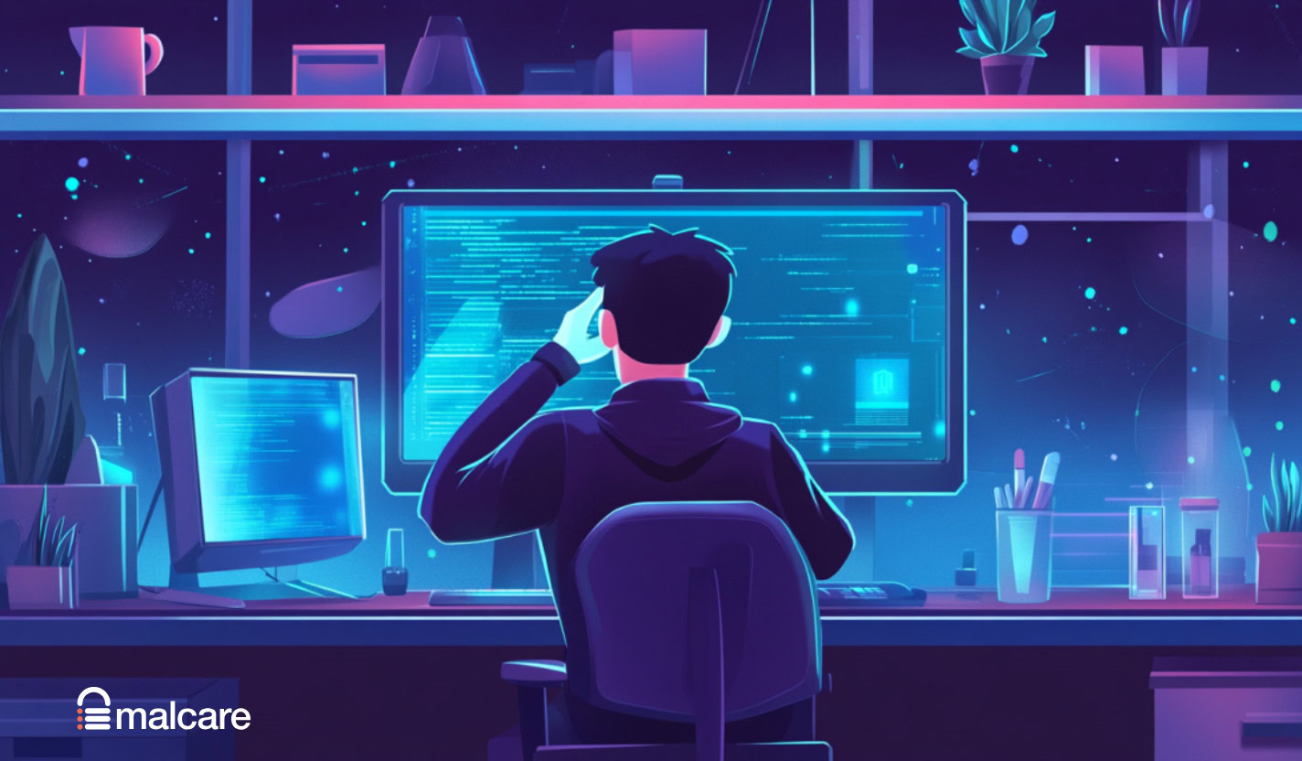 Illustration of a person managing glowing security screens in a dark control room