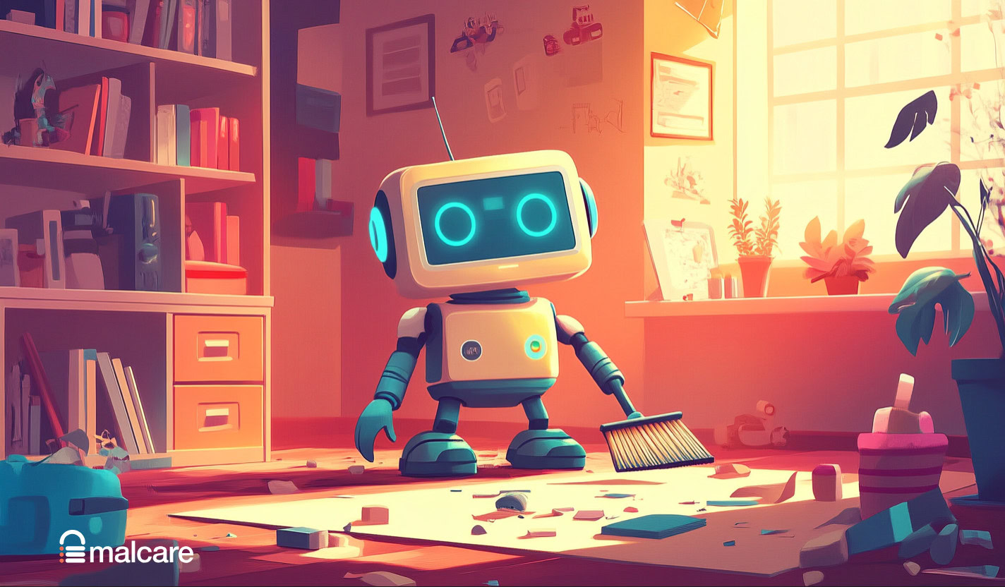 Illustration of a small robot cleaning a room to represent automatic cache cleanup
