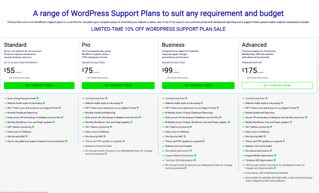 WP Tech Support plan comparison and monthly prices